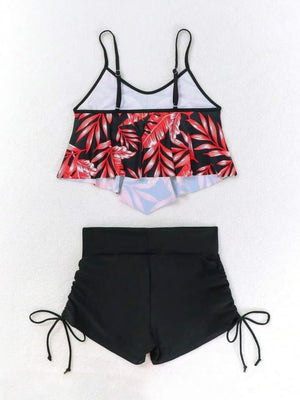 Leaf Print Ruffled Drawstring Boxer Shorts Bikini
