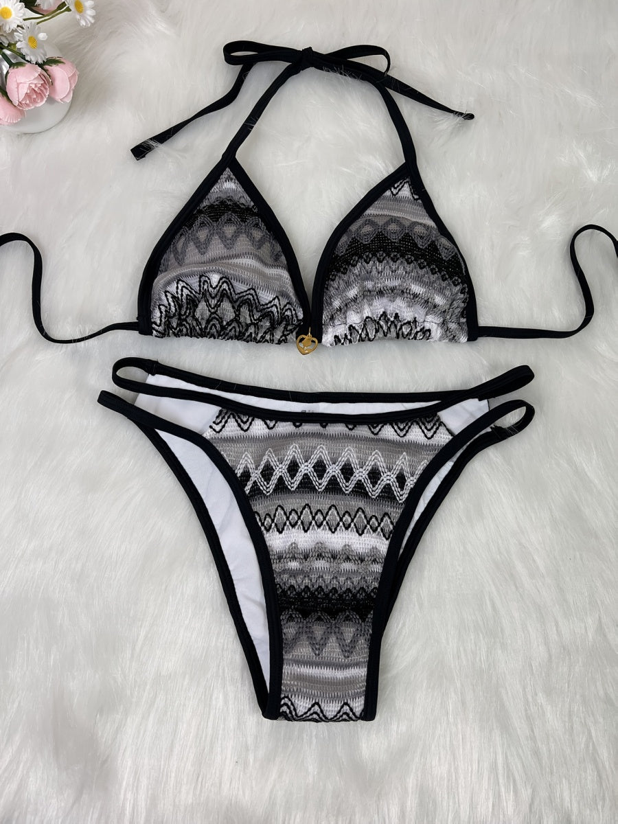 Knitted Color-blocked Striped Tie-up Bikini