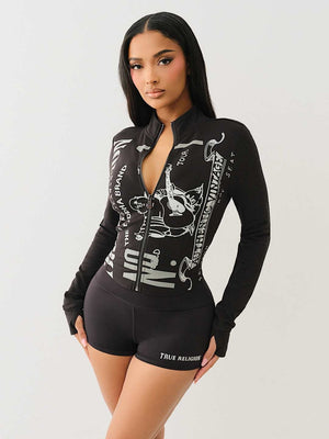 Printed Slim-fit Shorts Long-sleeved Zip-up Top 2-piece Sets