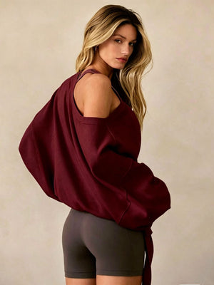 Women's Autumn/Winter Solid Color Off-Shoulder Long Sleeve Drawstring Hem Sweatshirt