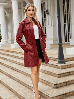 Slim Fit Mid-length Pocket With Belt Leather Jacket