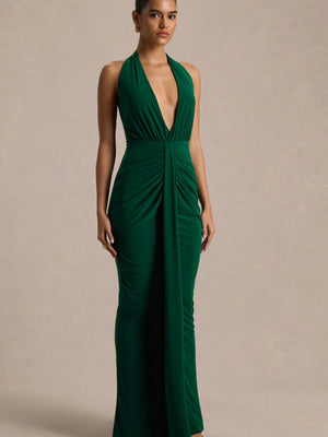 V-neck Halter Temperament Pleated Hip-hugging Big Backless Midi Dresses