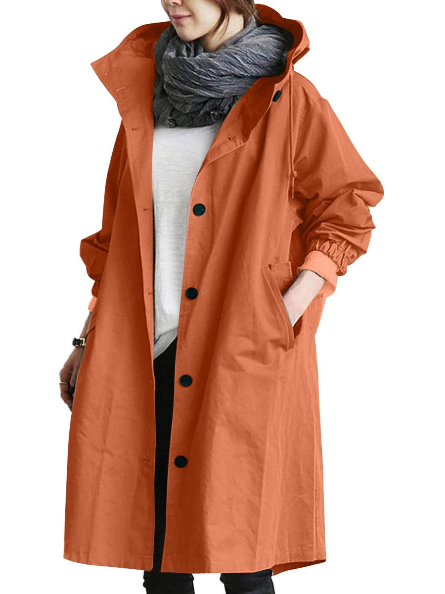 Oversized Hooded Single-Breasted Mid-Length Trench Coat