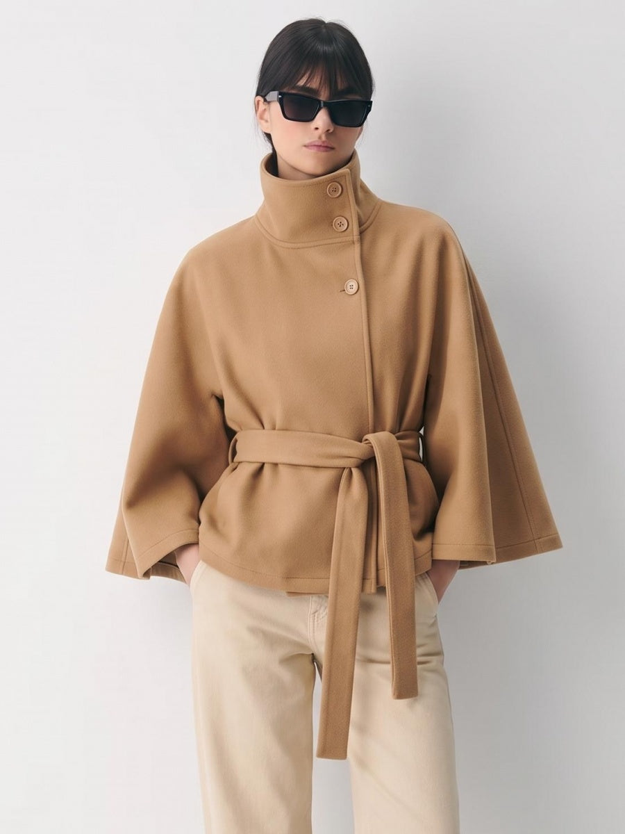 Stand Collar Large Sleeves Buttons Straps Solid Color Coats