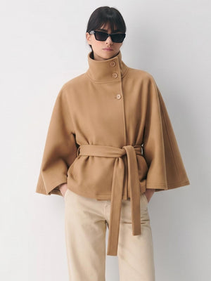 Stand Collar Large Sleeves Buttons Straps Solid Color Coats