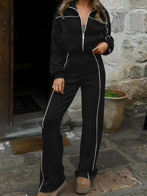 Sports Casual Suit Zipper Contrasting Colors Hoodless Cardigan Wide-leg Pants 2-piece Sets