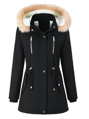 Mid-length Raincoat Water Proof Outdoor Drawstring Fur Collar Cotton-padded Jackets And Windbreakers
