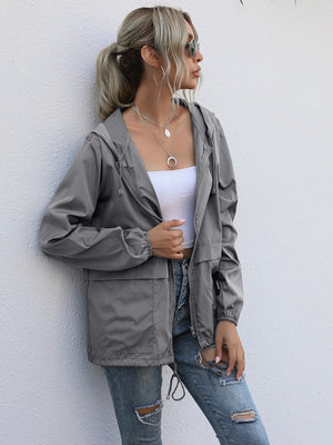 Hooded Zipper Outdoor Raincoat Coat Loose Windproof Long-sleeved Trench Coat