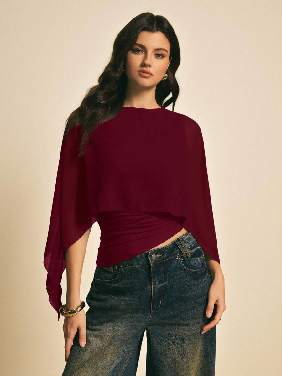 Cape-sleeve T-shirt, Round Neck, Loose Chiffon Cover-up, Elegant Irregular Top/T-shirt