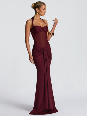 Neckband Lace Up Mesh Formal Dress Maxi Dresses