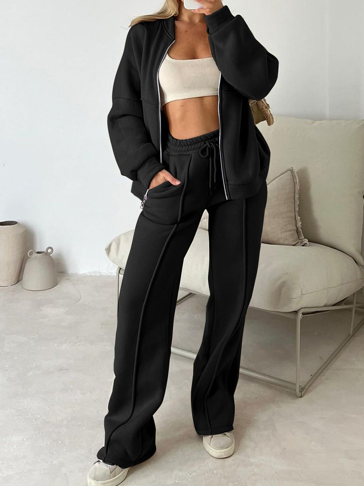 Sporty Style Long-sleeved Jacket Solid Color Trousers Two-piece Set