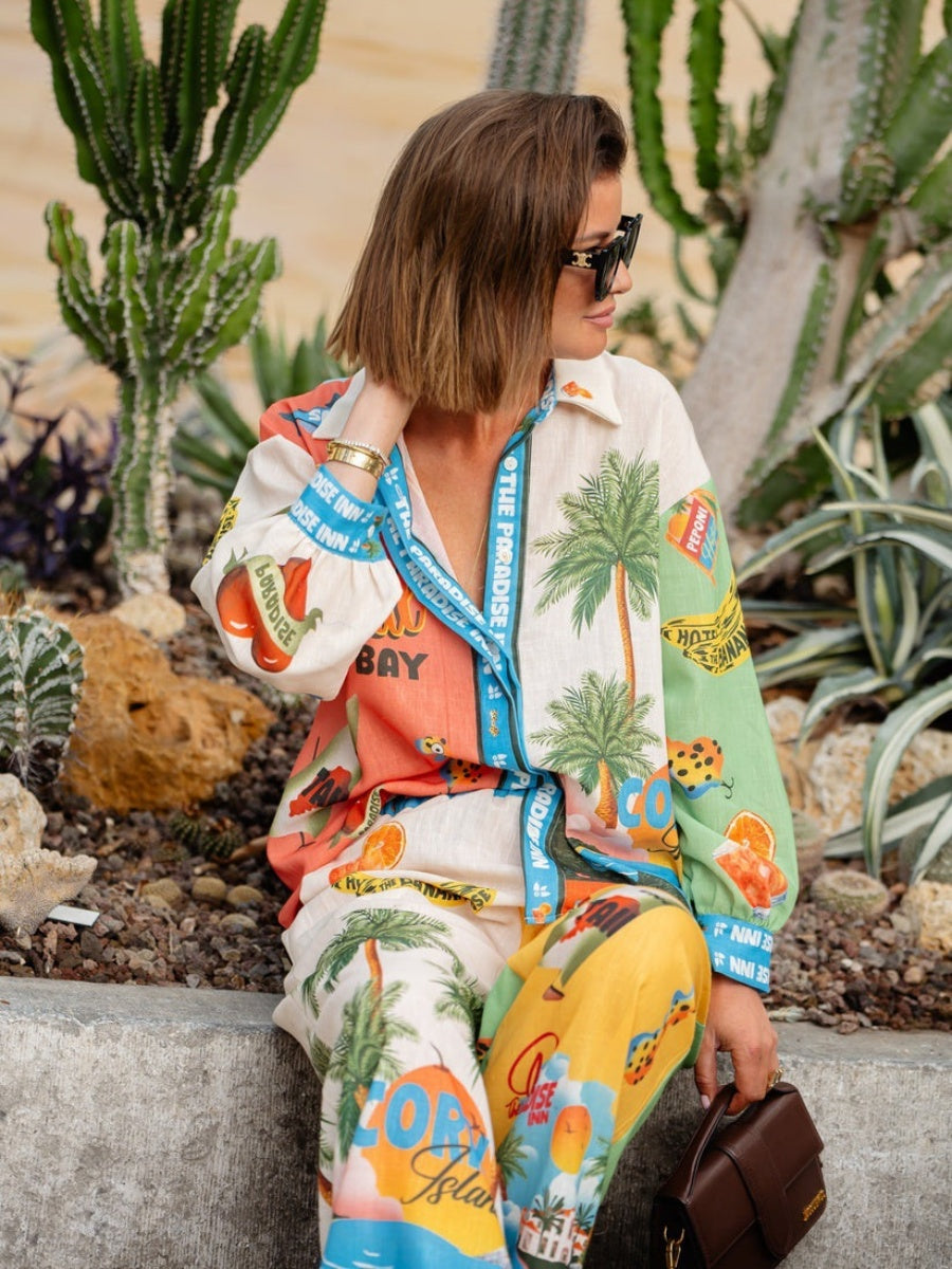 Ensemble deux pièces de chemises à manches longues en lin à imprimé macarons