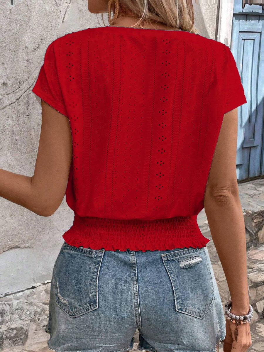 Round Neck Jacquard Hollowed-out Ruffled Short-sleeved T-shirt