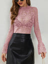 Sexy Lace Pullover Cashew Flowers Lace Slim Fit Slimming Outerwear Innerwear Bell-sleeved Mesh/sheer Top
