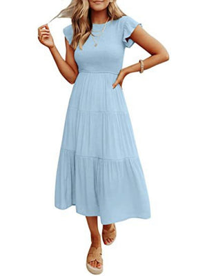 Solid Color Ruched Layered Short-sleeved Maxi Dress