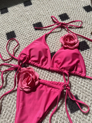 Solid Color Rose Drawstring Two-piece Swimsuit Bikini