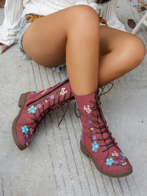 Floral Print Embroidered Women's Martin Boots