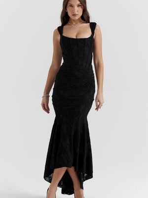 Floral Jacquard Fabric Boning Fishtail Maxi Dress