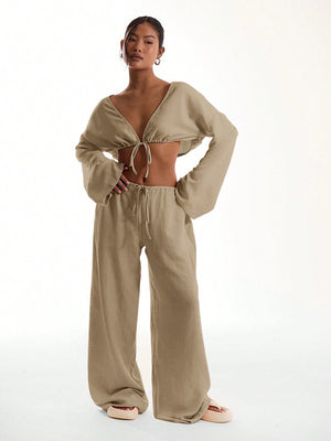 Solid Color Loose-fitting Drawstring Trousers