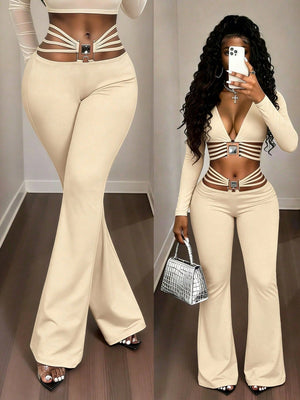 String Decoration Rhinestones Buttock Lift Bell-bottoms Stretch Pants