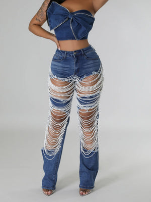 Ripped, Pearl-beaded Stretch Jeans