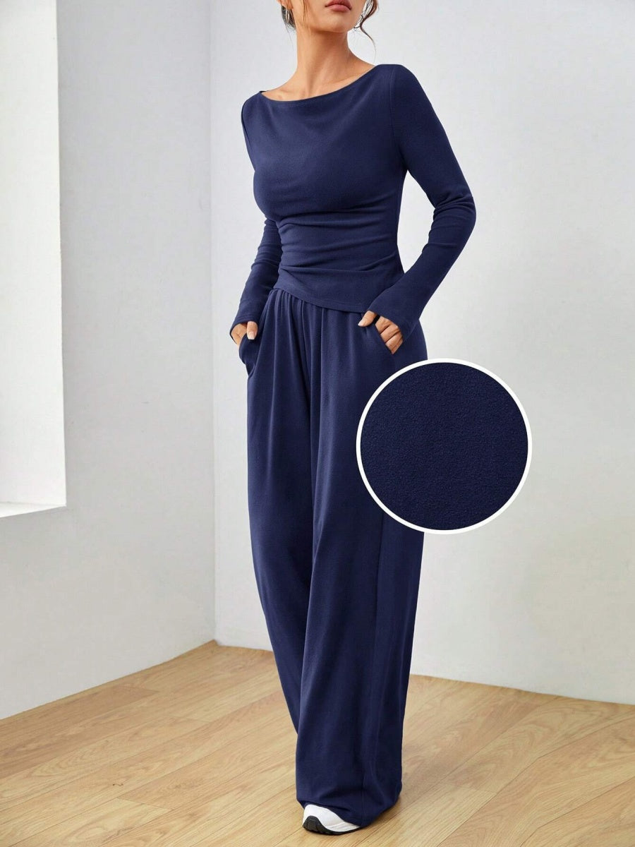 Pocket Solid Color Large Round Neck Long Sleeve Pants 2-piece Sets