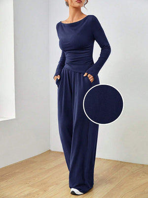 Pocket Solid Color Large Round Neck Long Sleeve Pants 2-piece Sets