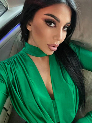 V-neck Slim Fit Pleated Decoration Base Layer Splicing Long-sleeved Bodysuit