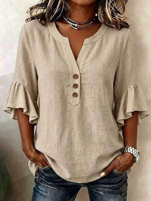 V-neck Solid Color Button Casual Ruffle Sleeve T-shirt