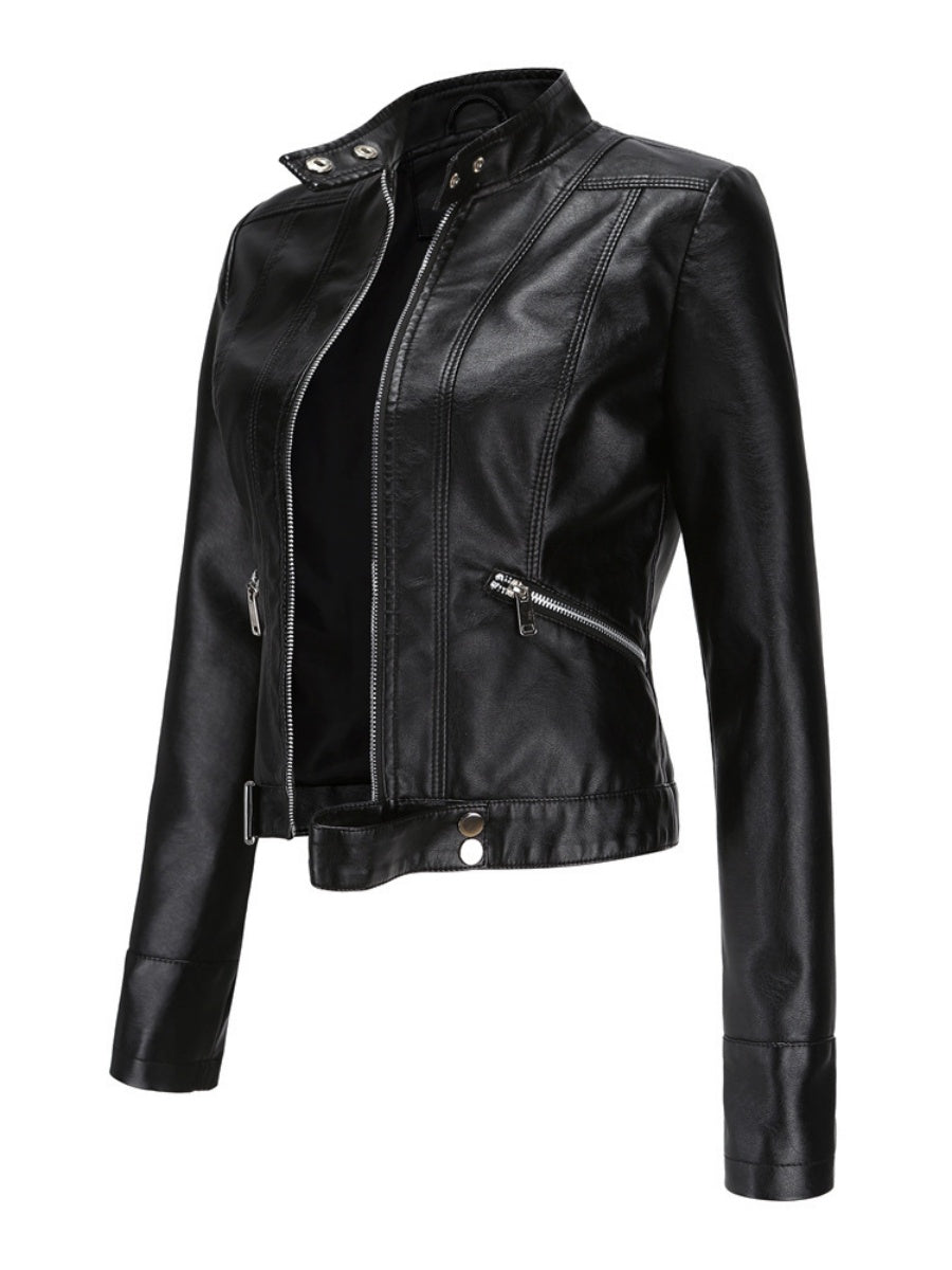 Three-dimensional Decoration Short Stand Collar Zippered Leather Jacket