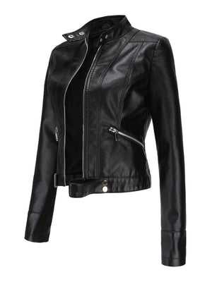 Three-dimensional Decoration Short Stand Collar Zippered Leather Jacket