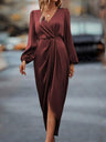 Slit Balloon Sleeve Irregular Long Sleeve Satin Long Skirt