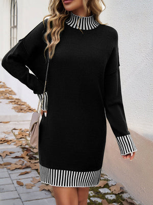 Black Casual Color-blocked Patchwork Sweater Short Dress