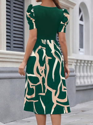 Commuting Knitting Printed Square Collar Puff Sleeve Midi Dresses