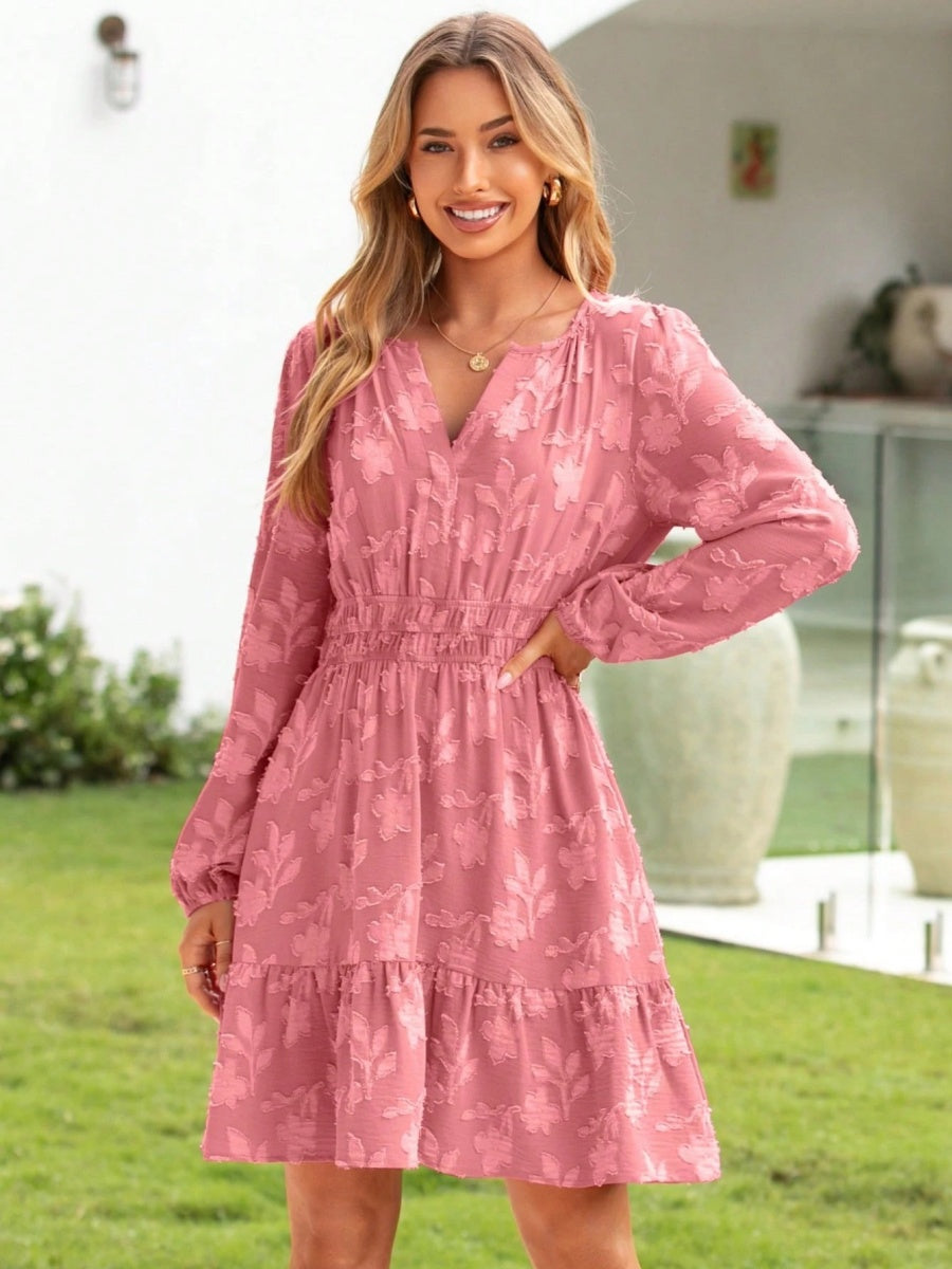 V-neck, Jacquard, Elastic Waist, Full Skirt, Long Sleeves, Ruffled Hem Short Dress