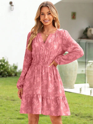 V-neck, Jacquard, Elastic Waist, Full Skirt, Long Sleeves, Ruffled Hem Short Dress