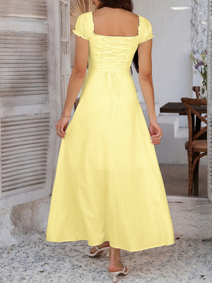 Tie-waist Ruched Puff Sleeve Long Dress