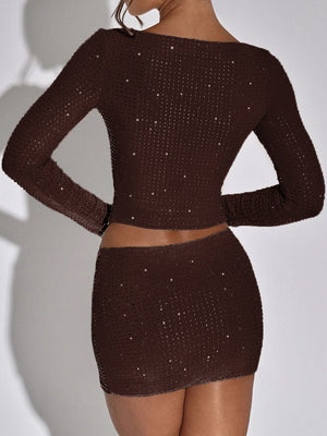 Rhinestone-studded Long-sleeved T-shirt And Skirt Two-piece Set