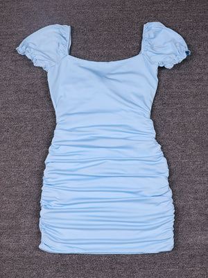 Hollow-out Pleated Puff Sleeve Bodycon Mini Dress