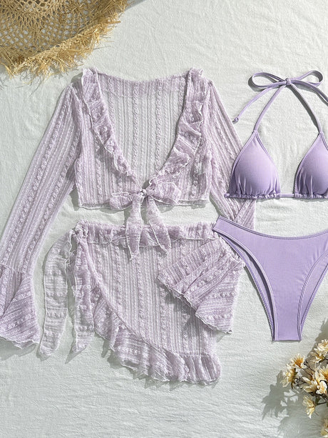 Sexy Lace Mesh Swimsuit Bikini Four-piece Set