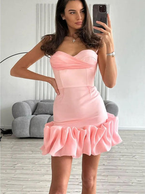 Pleated Skirt With Spaghetti Straps Slim Fit Mini&Short Dresses