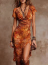 V-neck, Slit, Fitted Waist, Gathered Floral Print Midi Dresses