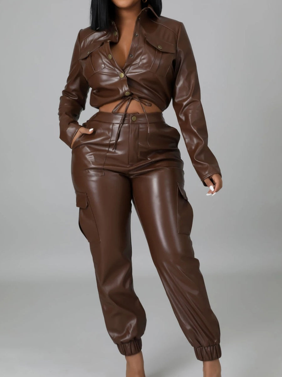 PU Leather Hair Removal Pants Long-sleeved Jacket 2-piece Sets