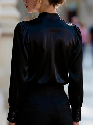 Satin Stand Collar Puff Sleeve Long Sleeve Blouse&Shirts