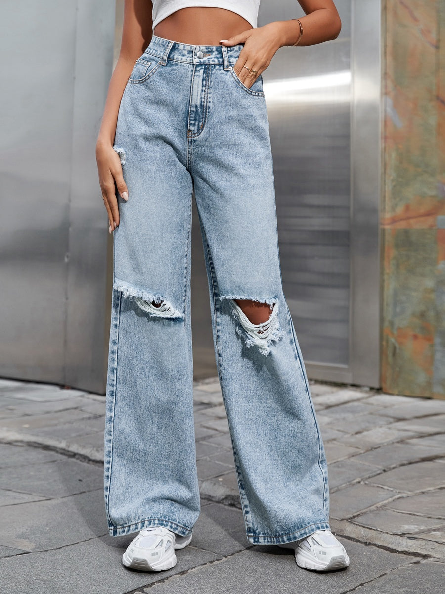Hole High Waist Wide Leg Leisure Jeans