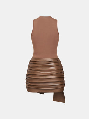Sleeveless Mini Dress With Front Tie And PU Trim Two-piece Set