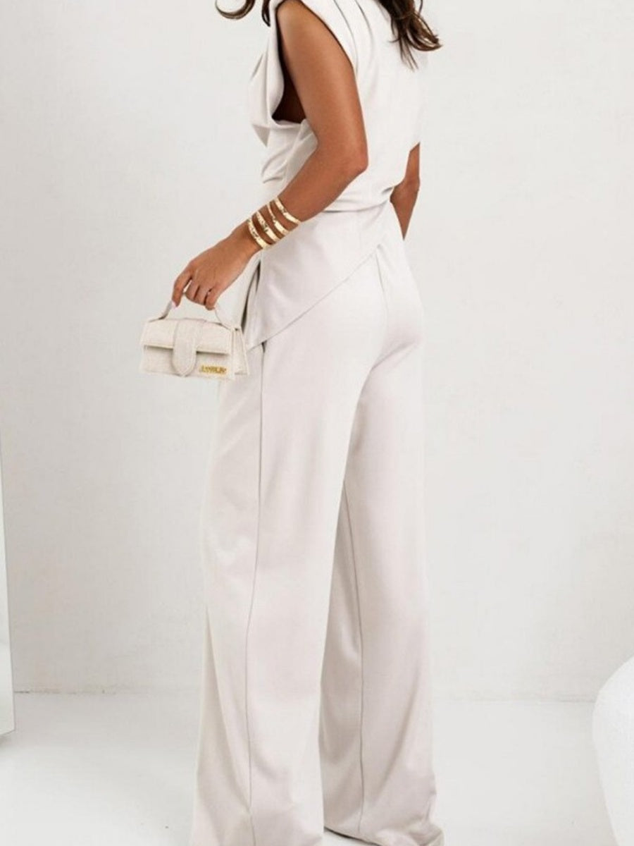 Ensembles 2 pièces : débardeur asymétrique sans manches et pantalon froncé