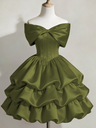 Satin Off-shoulder Bow Design Multi-layered Short Dress