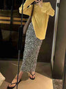 High-waisted, Slimming Sequined Midi Skirt With Elastic Waist, Back Slit, Straight Cut, Long Skirt