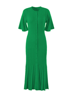 Short Sleeve Buttons Slit Knitting High Waist Workplace Maxi Dresses